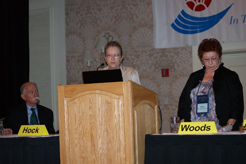 DSC04914.JPG - Deidra Woods, MD, CMD; (at podium) gives her portion of the lecture on hospice nursing home cooperation as speaker Marie Panapolis and moderator Dr. Leonard Hock (left) look on.